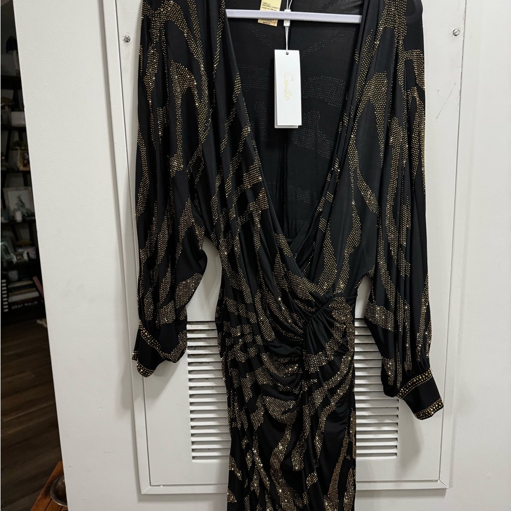Camila Coelho Black and Gold Sheath Dress with Bishop Sleeves